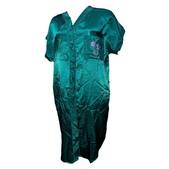 Vintage Inhibitions Satin Embroidered 80's Button Front Sz Medium Nightgown - Picture 1 of 16